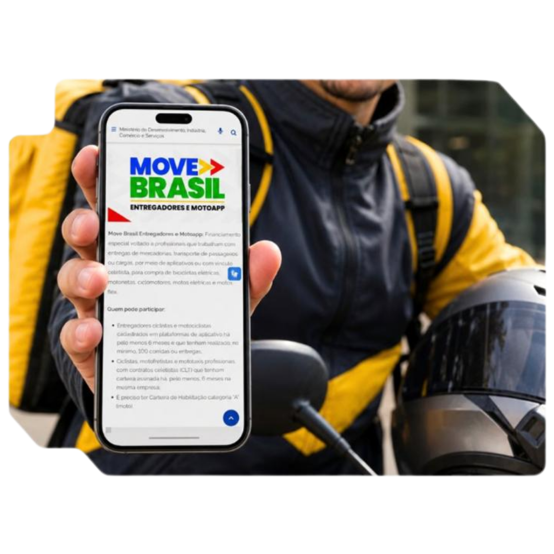 Motoboy segurando celular com o app Move Brasil